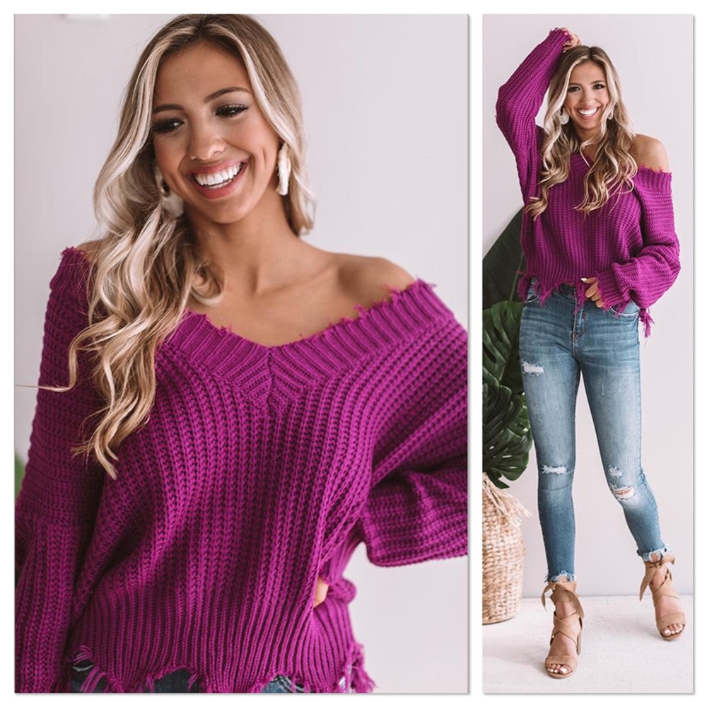LAST 1 Magenta Frayed V Neck Sweater